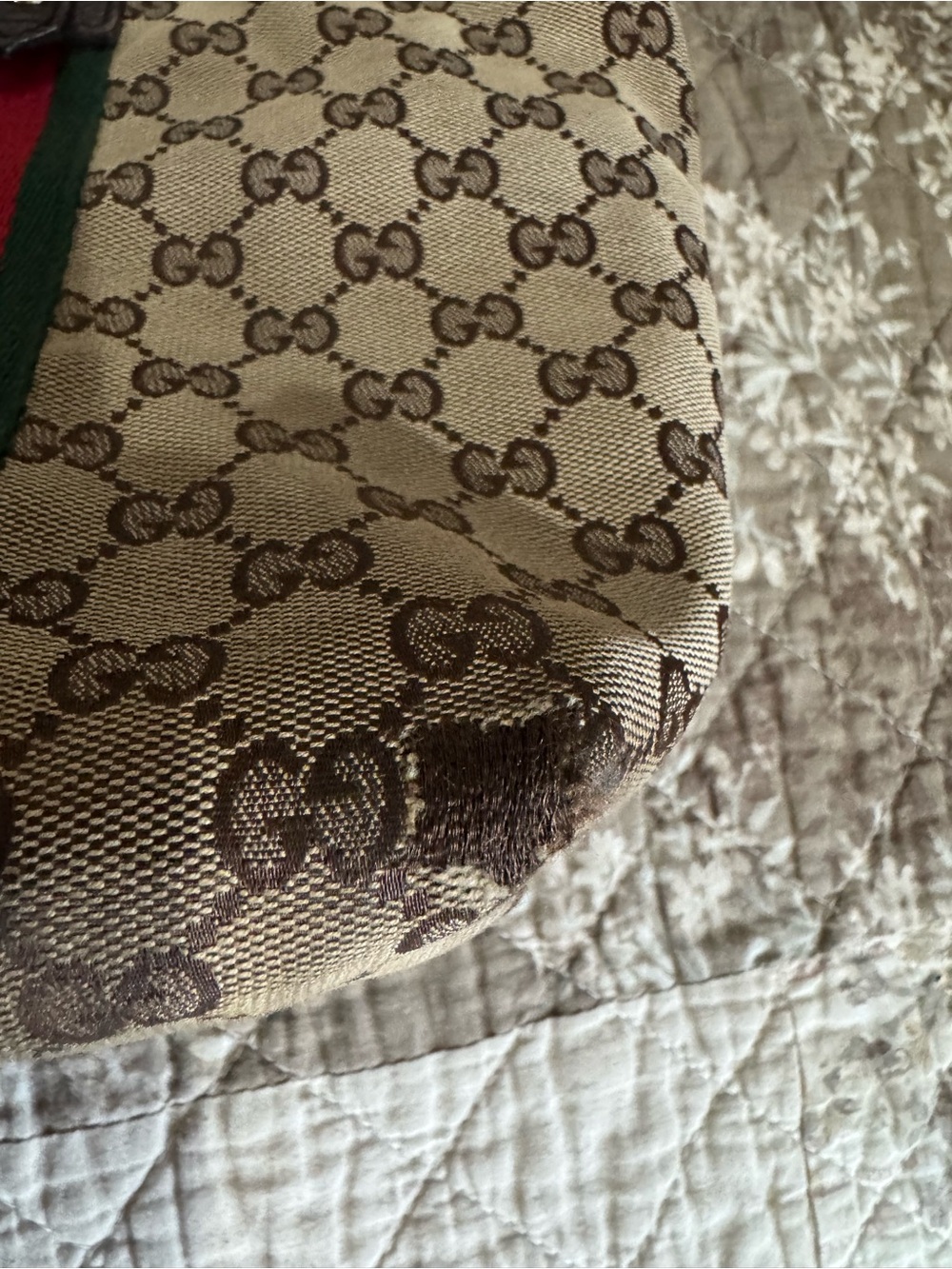 Gucci Beige GG Canvas Tote with Brown Leather Trim and Red-Green Web Stripe - Picture 6 of 12